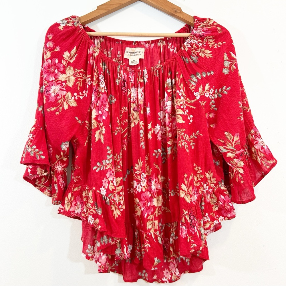 Ralph Lauren Denim & Supply Co Red floral Peasant Top  Size Medium Off Shoulder